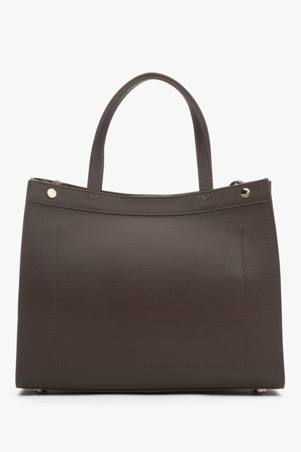 Elegant dark mocha tote bag made of genuine leather with refined gold hardware and a structured silhouette.