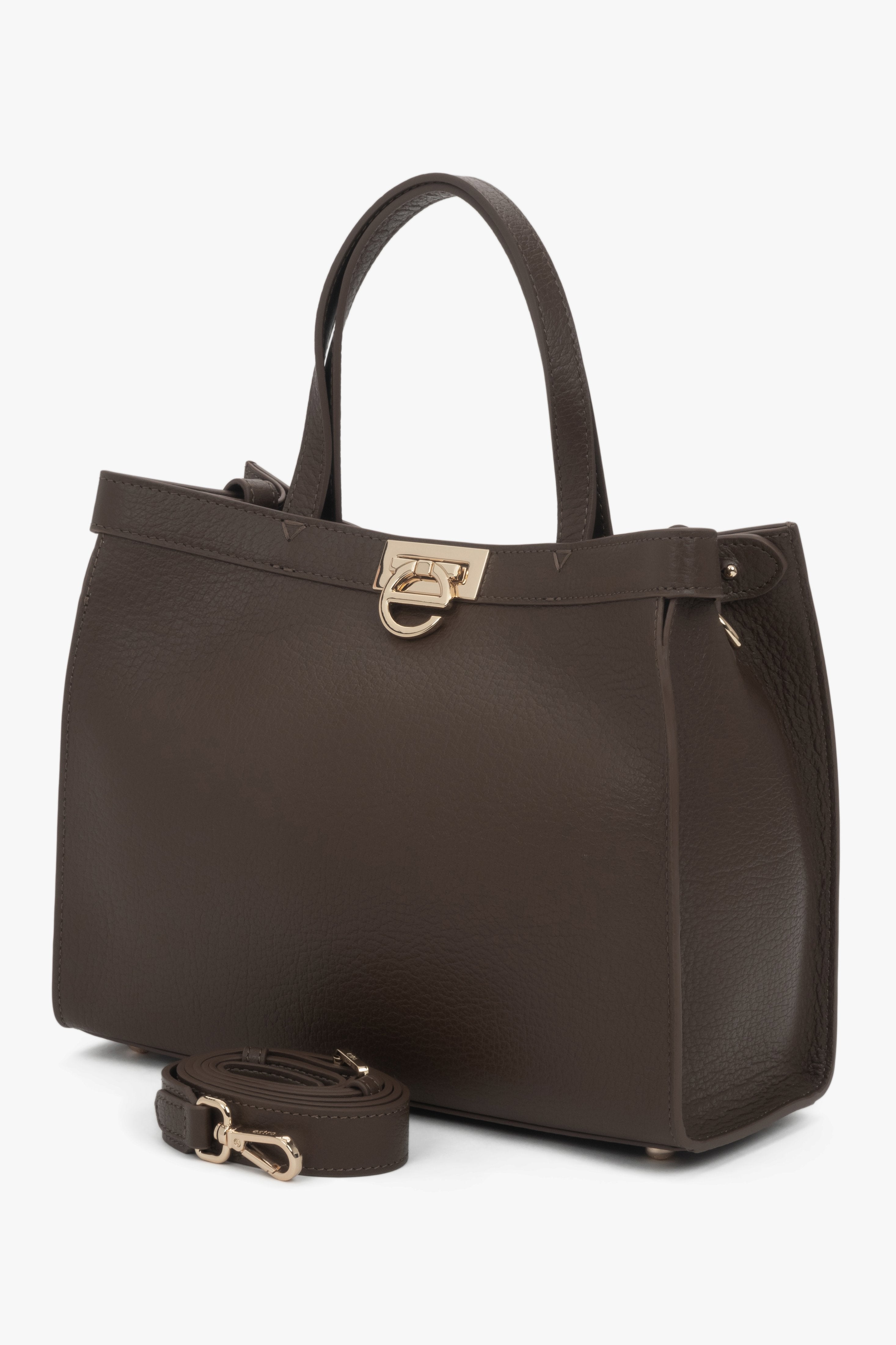 Stylish women’s tote bag in a deep mocha shade, featuring a classic design and a logo-accented closure.