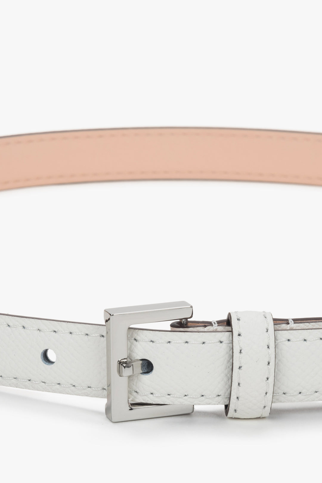 Delicate women's white genuine leather belt with refined silver details, Estro ER00118289.