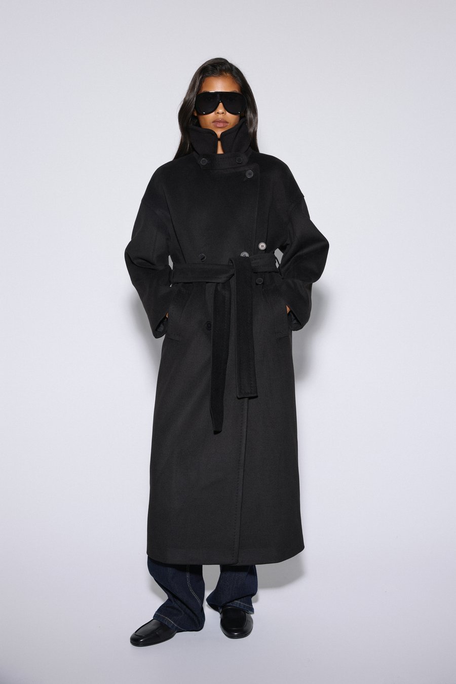 Women's Double-Breasted Black Ankle-Length Natural Wool Coat with Tie Estro ER00120534.