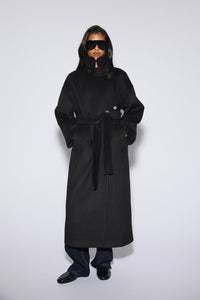 Women's Double-Breasted Black Ankle-Length Natural Wool Coat with Tie Estro ER00120534.