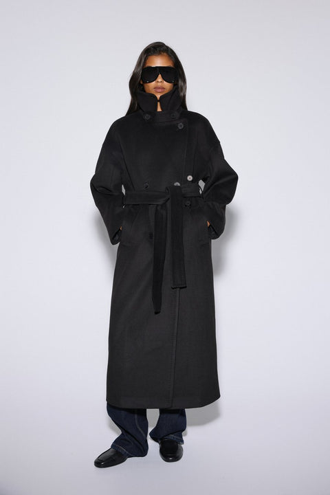 Women's Double-Breasted Black Ankle-Length Natural Wool Coat with Tie Estro ER00120534.