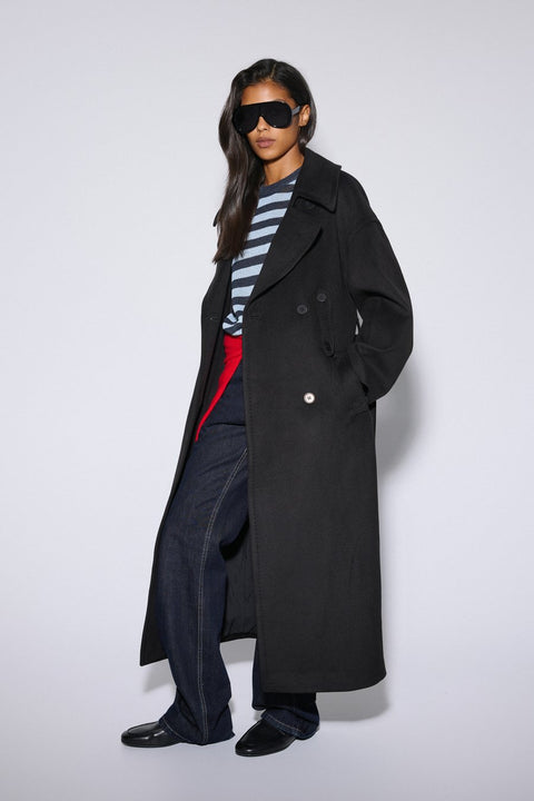 Women's double-breasted black ankle-length natural wool coat with tie belt by Estro.