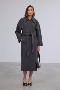 Women's Double-Breasted Dark Grey Ankle-Length Natural Wool Coat with Tie Estro ER00120536.