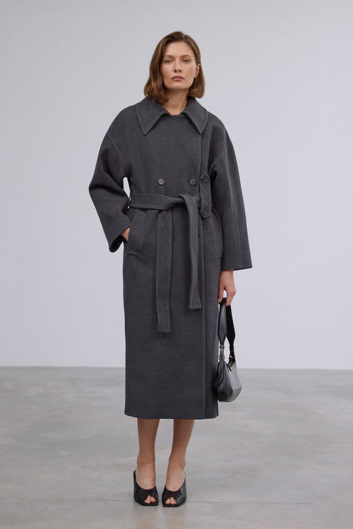 Women's Double-Breasted Dark Grey Ankle-Length Natural Wool Coat with Tie Estro ER00120536.