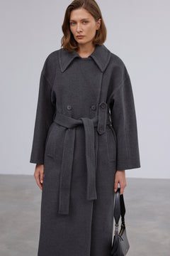 Women's double-breasted dark grey ankle-length natural wool coat with tie belt by Estro.