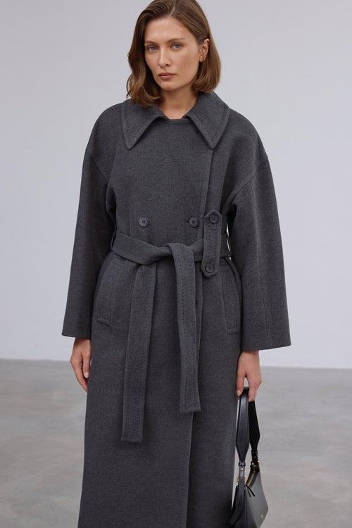 Women's double-breasted dark grey ankle-length natural wool coat with tie belt by Estro.