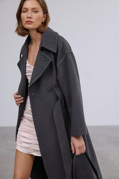 Long women's dark grey natural wool coat, double-breasted design with a belt by Estro.