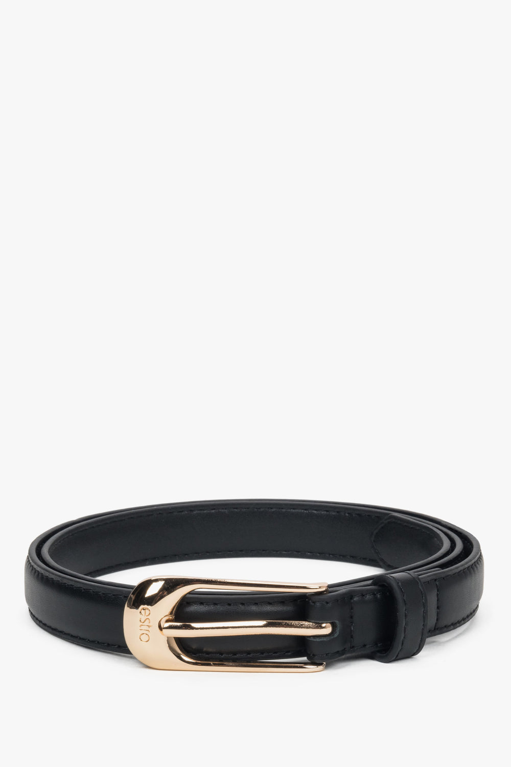 Women's Elegant Black Leather Belt with Gold-Tone Hardware Estro ER00118296.
