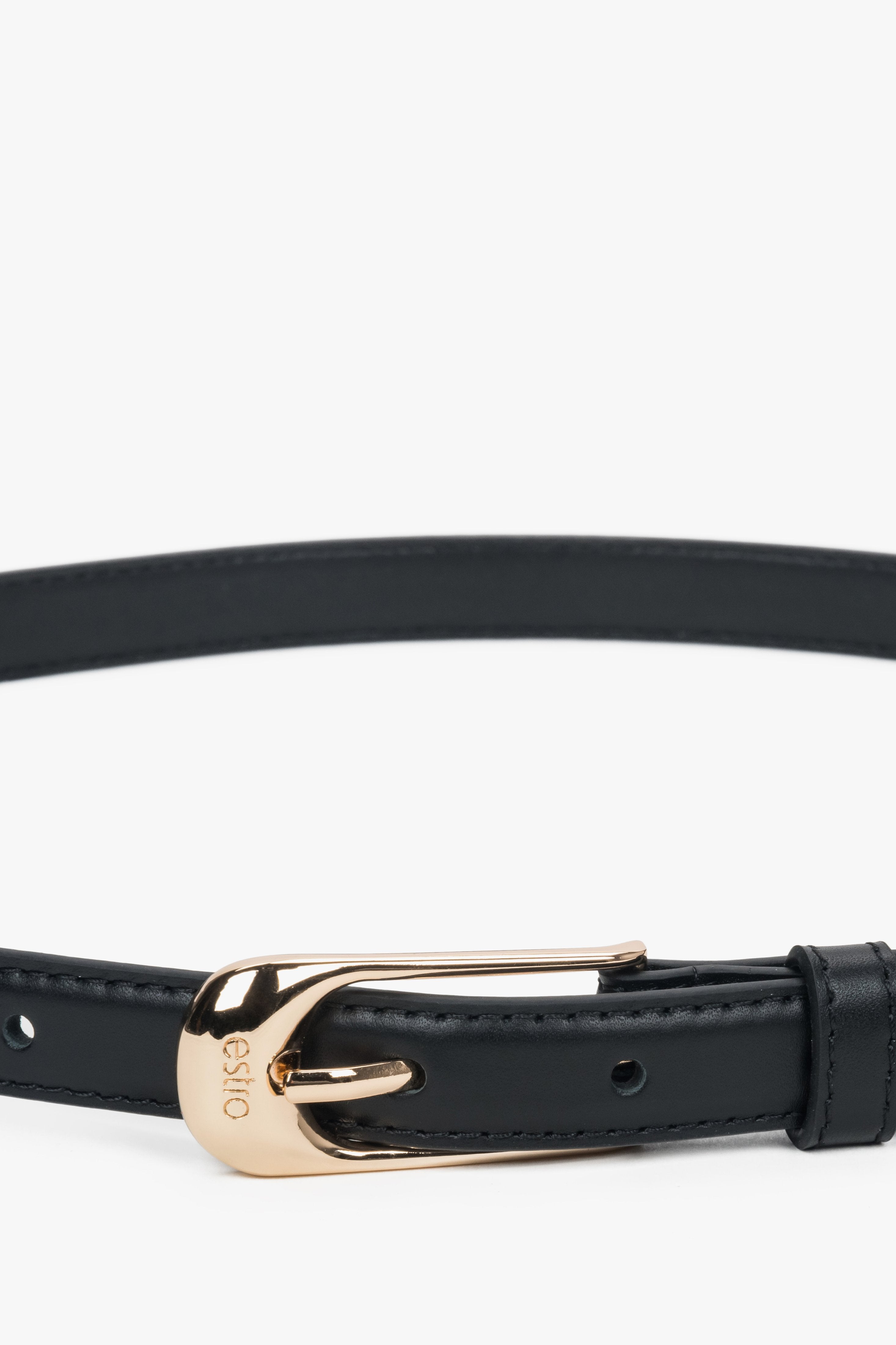 Women’s elegant belt, black, made of natural leather, with gold-tone hardware, Estro.