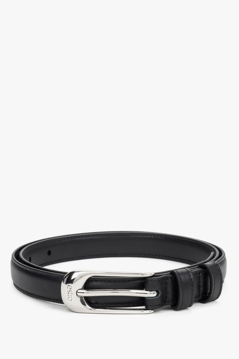 Women's Elegant Black Leather Belt with Silver-Tone Hardware Estro ER00120700.