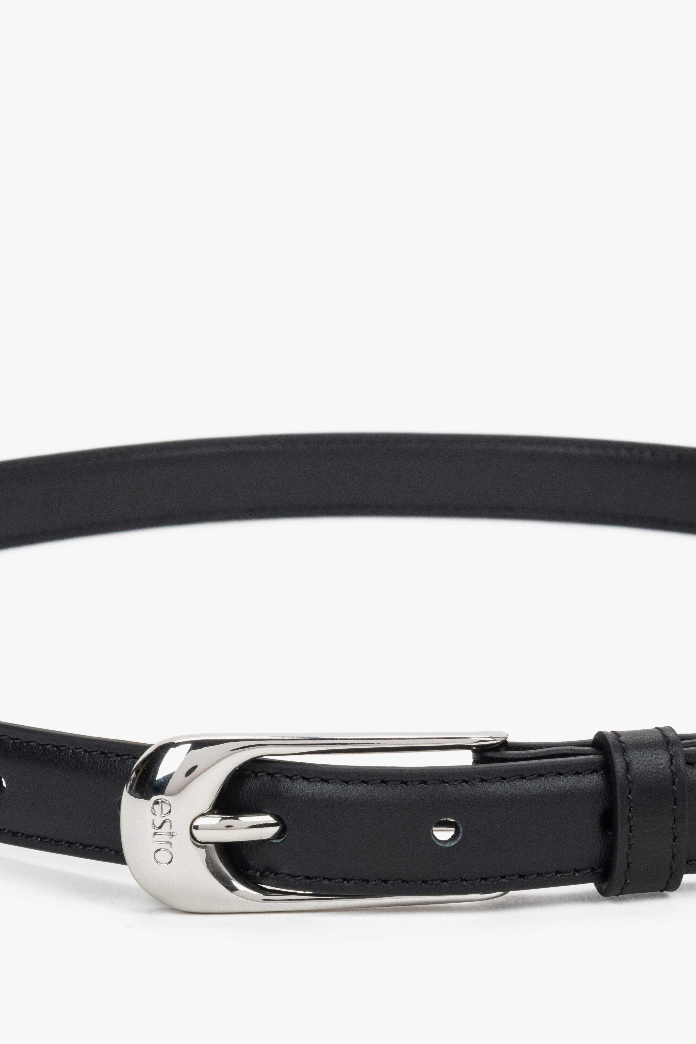 Women’s elegant belt, black, made of natural leather, with silver-tone hardware, Estro.