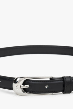 Women’s elegant belt, black, made of natural leather, with silver-tone hardware, Estro.