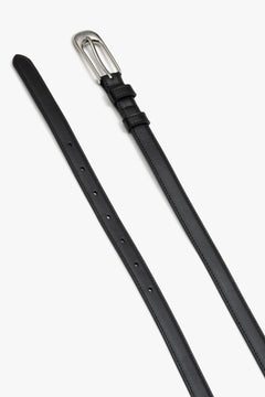 Women’s black elegant belt made of natural leather with silver-tone hardware by Estro.