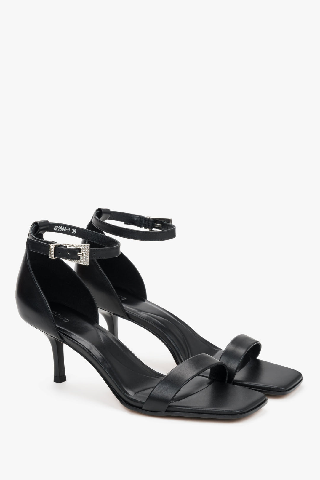 Women's elegant black genuine leather sandals with a 7 cm stiletto heel, Estro.