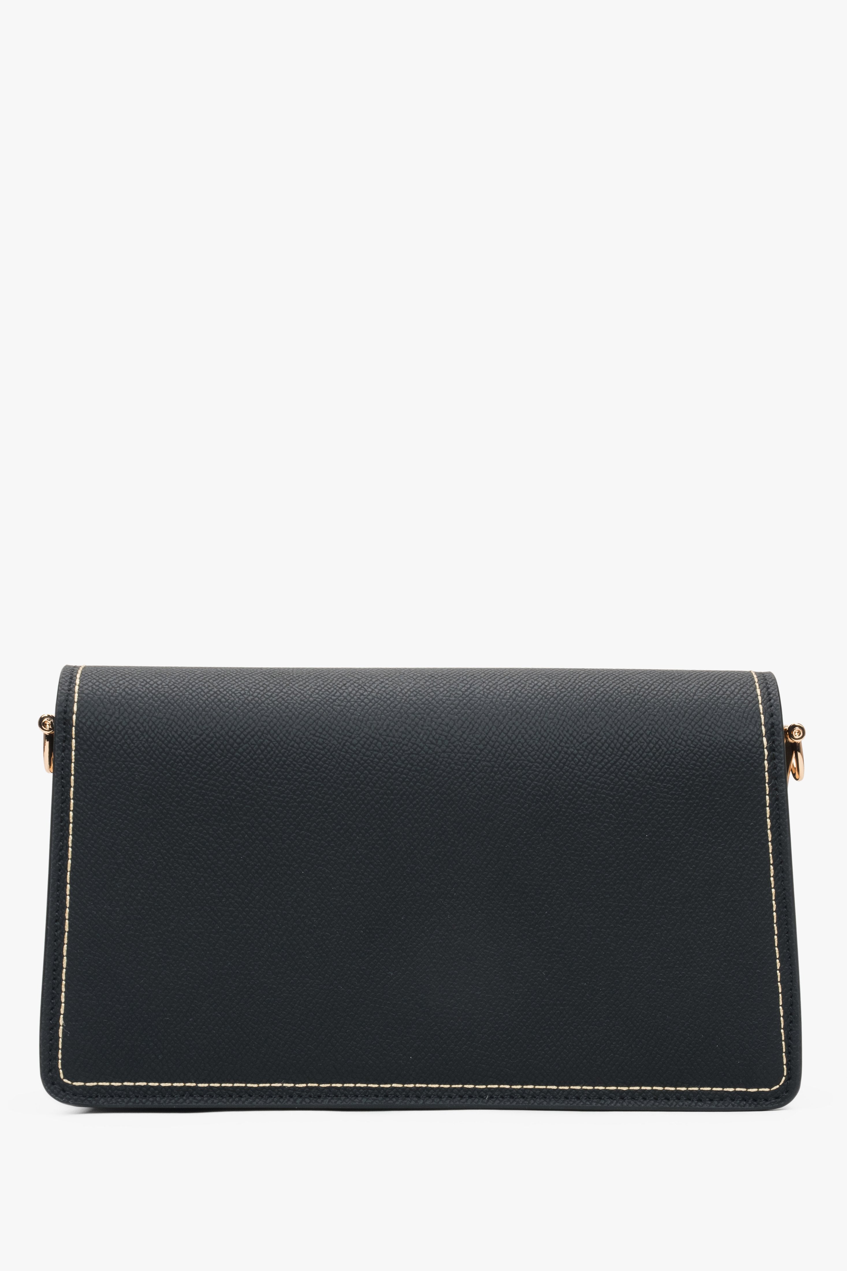 Elegant black women’s shoulder bag with gold details.