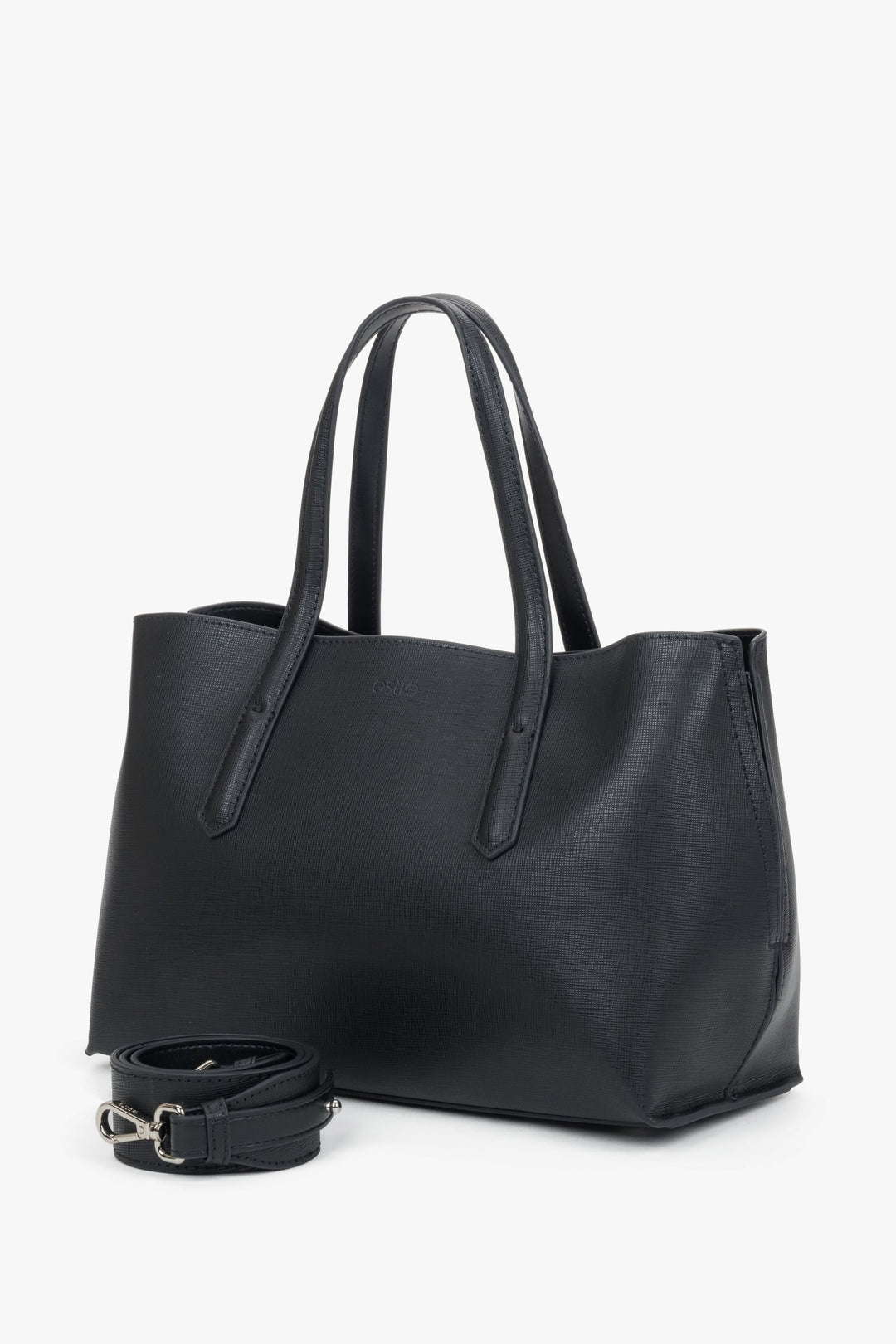 Black women’s genuine leather shopper bag with silver hardware and zip closure.