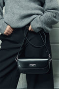 Women's Elegant Black Smooth Genuine Leather Shoulder Bag with Silver Hardware Estro ER00118436.