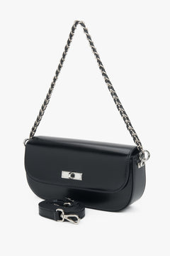 Estro - women's elegant black smooth genuine leather shoulder bag with silver hardware.