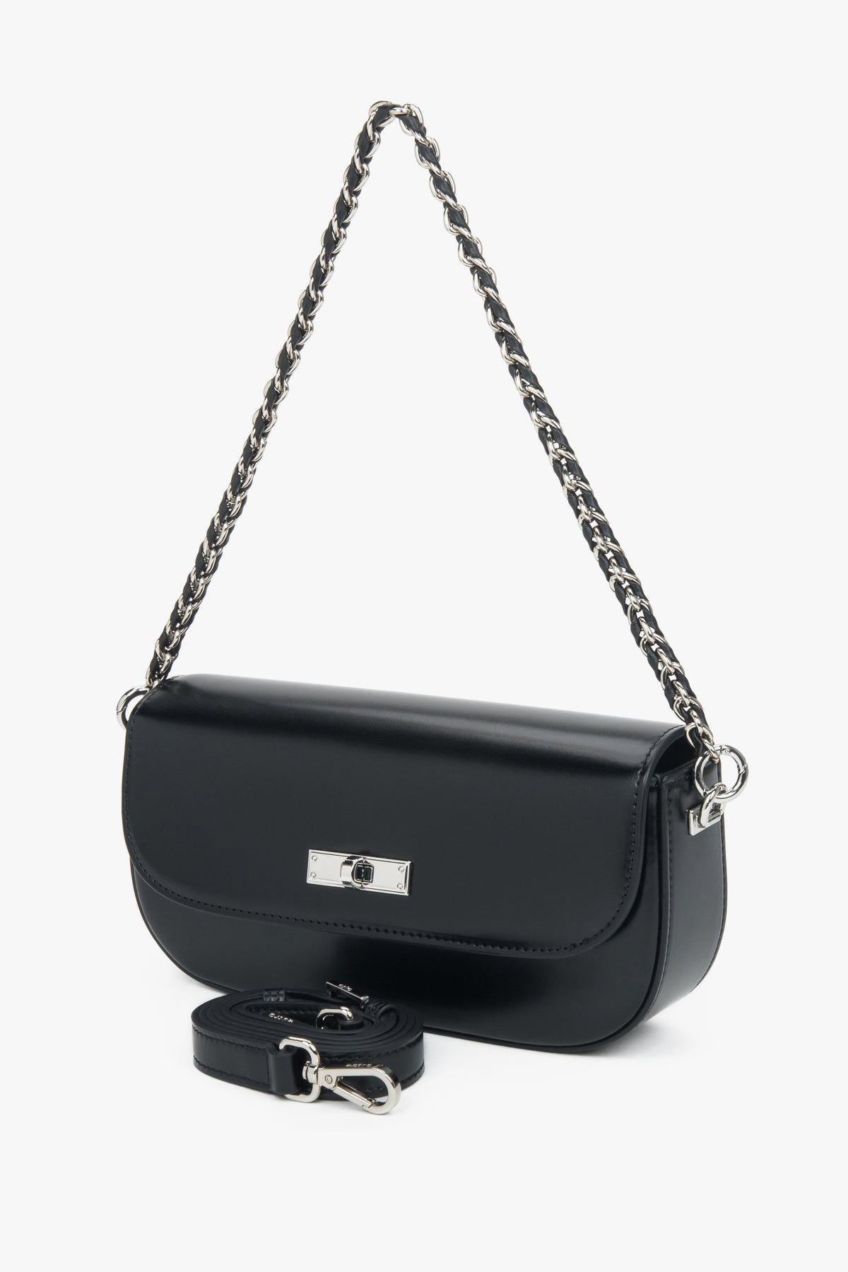 Estro - women's elegant black smooth genuine leather shoulder bag with silver hardware.