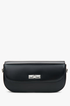 Women's elegant black smooth natural leather shoulder bag with silver-tone details Estro.