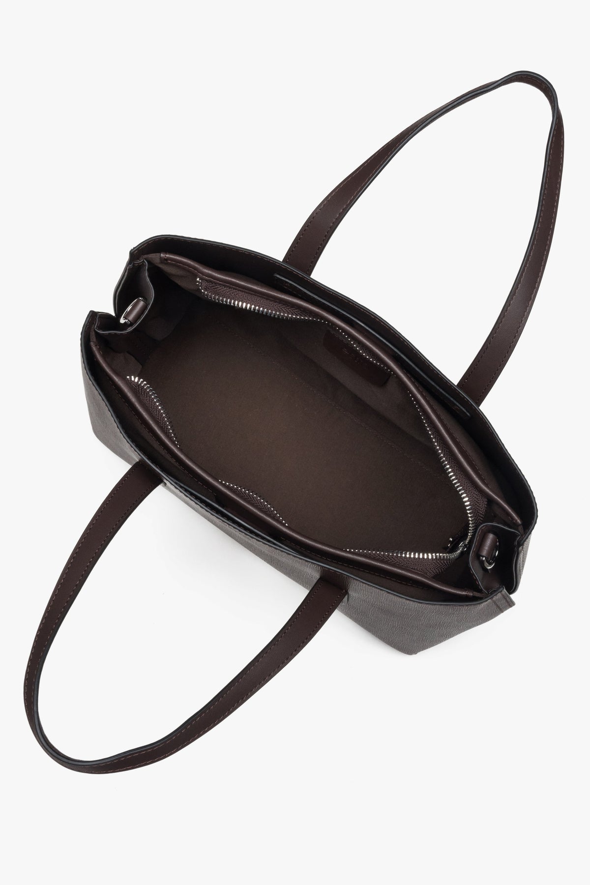 Elegant dark brown tote with dual handles and adjustable shoulder strap, fits A4.