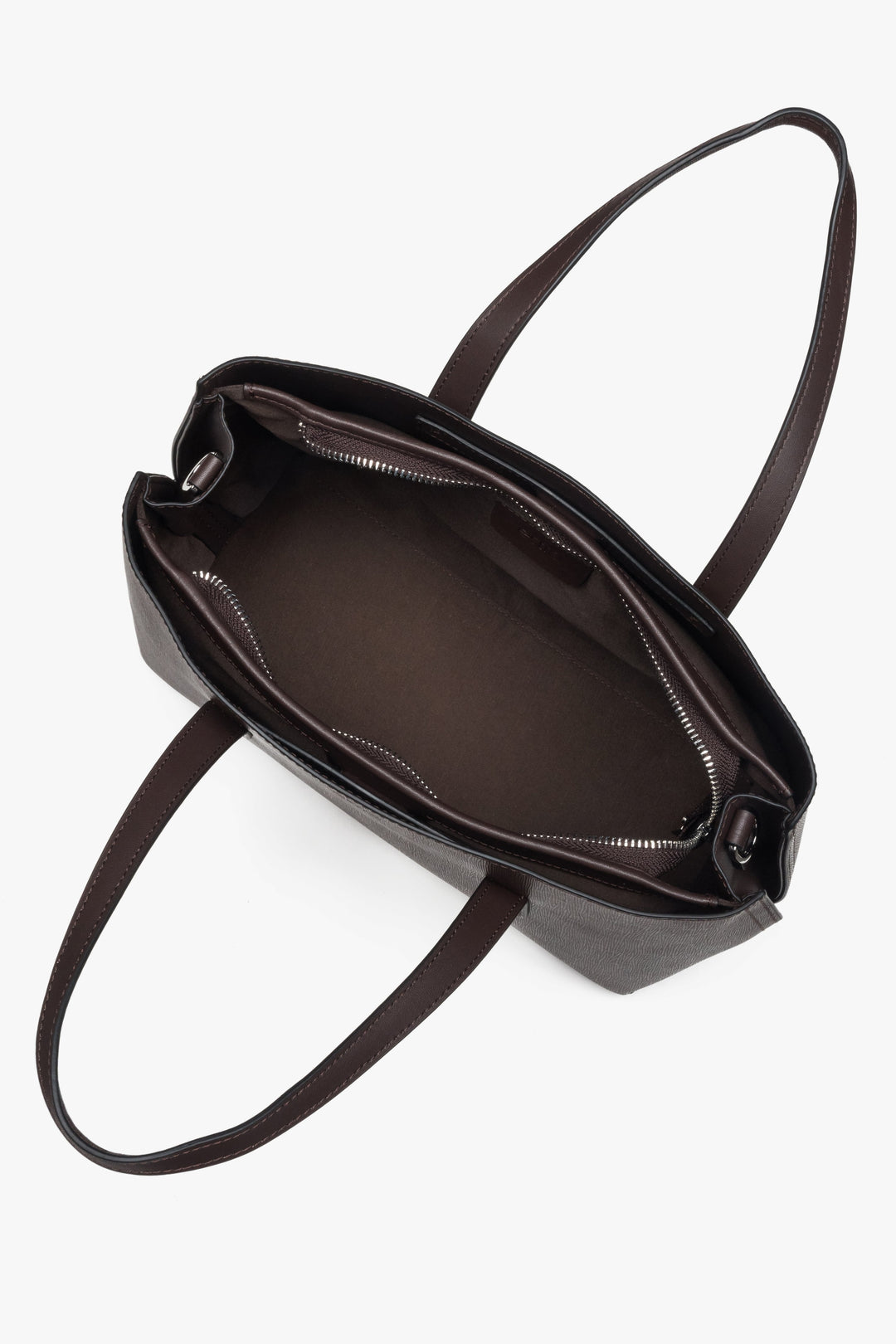 Elegant dark brown tote with dual handles and adjustable shoulder strap, fits A4.