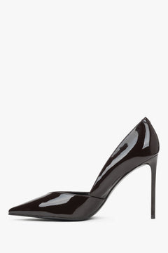 Women's elegant dark brown pumps with a pointed toe made of patent leather Estro.