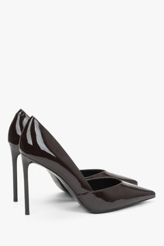 Made of patent leather, elegant dark brown women's pumps with a pointed toe Estro.