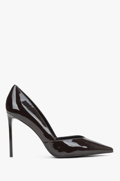 Women's elegant dark brown pumps with a pointed toe made of patent leather Estro.