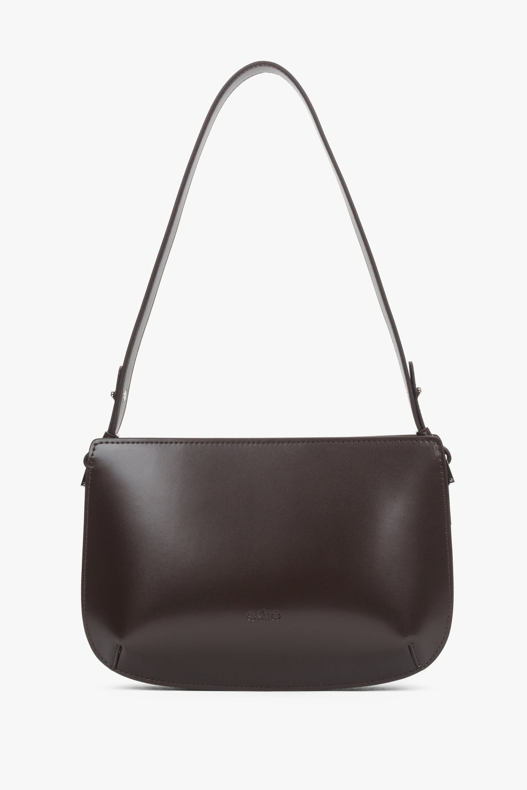 Dark brown leather shoulder bag with a sleek, elegant design.