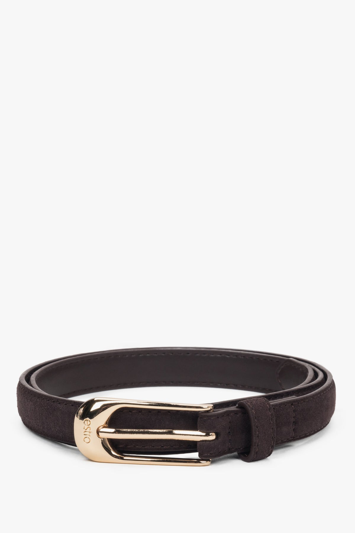 Dark brown elegant women’s belt made of natural velour with gold-tone hardware.