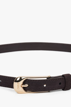 Women’s dark brown elegant belt made of natural velour with gold-tone hardware by Estro.