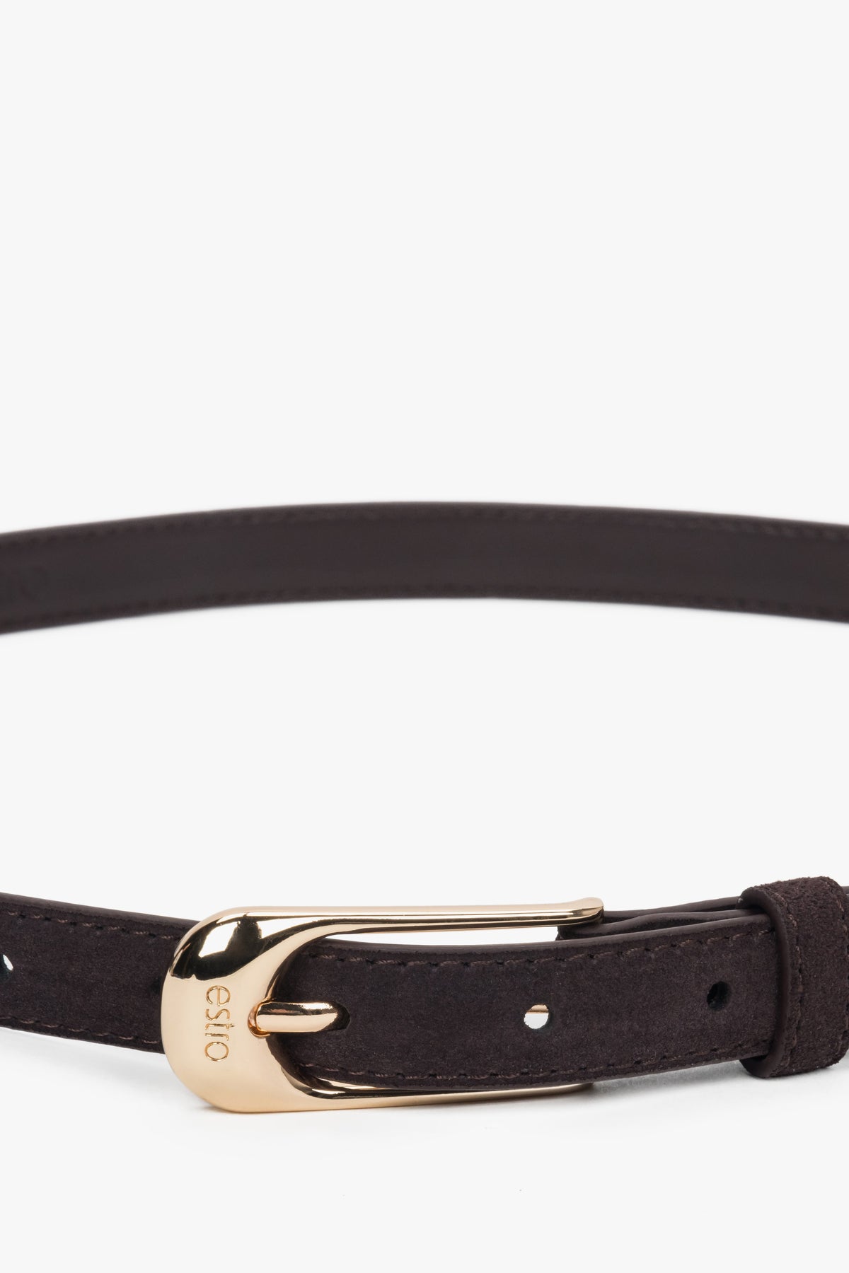 Women’s dark brown elegant belt made of natural velour with gold-tone hardware by Estro.