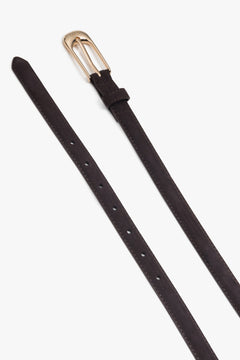 Women’s elegant belt, dark brown, made of natural velour, with gold-tone hardware, Estro.