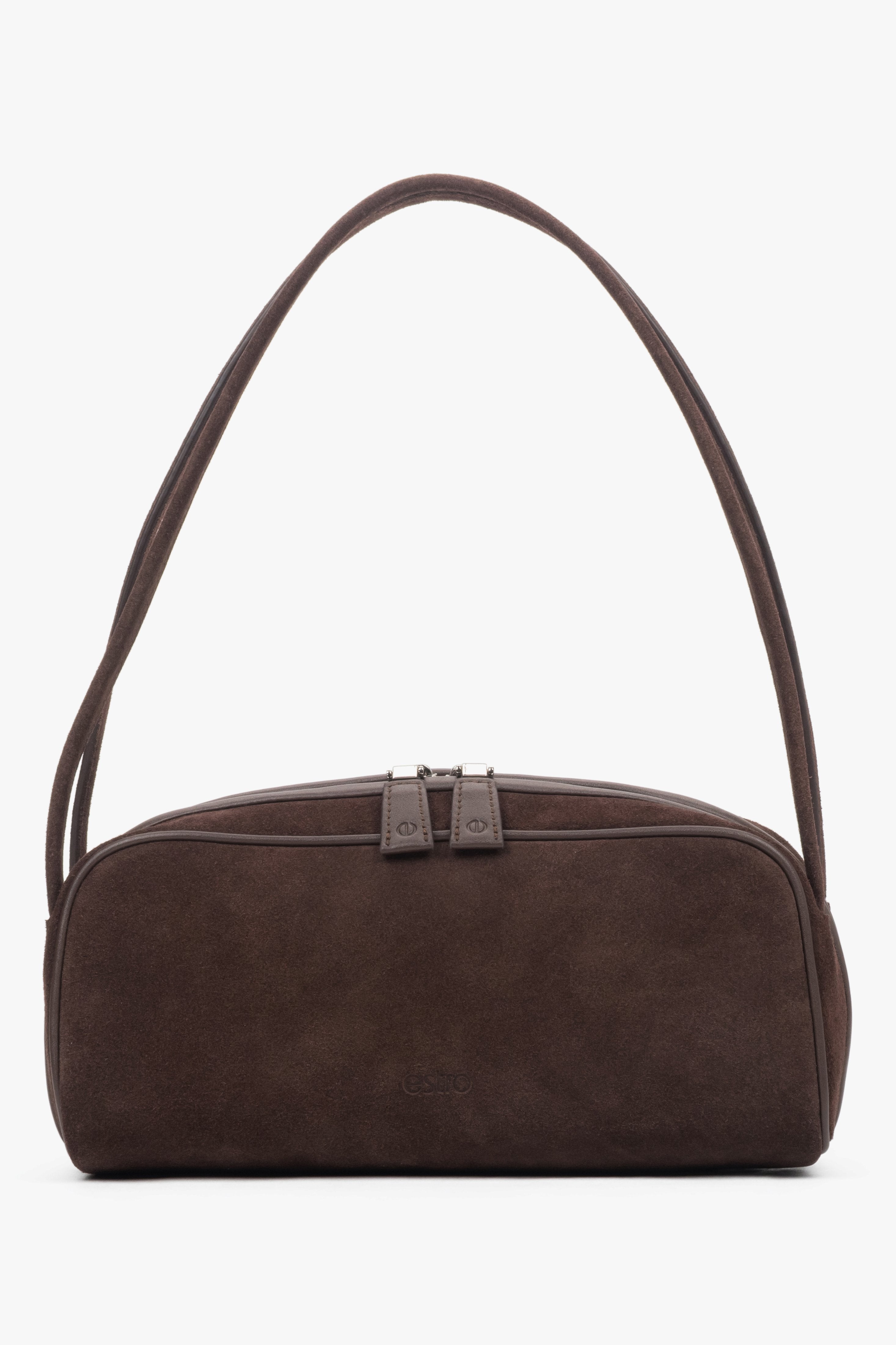 Made of genuine velour — an elegant dark brown women’s shoulder bag by Estro.