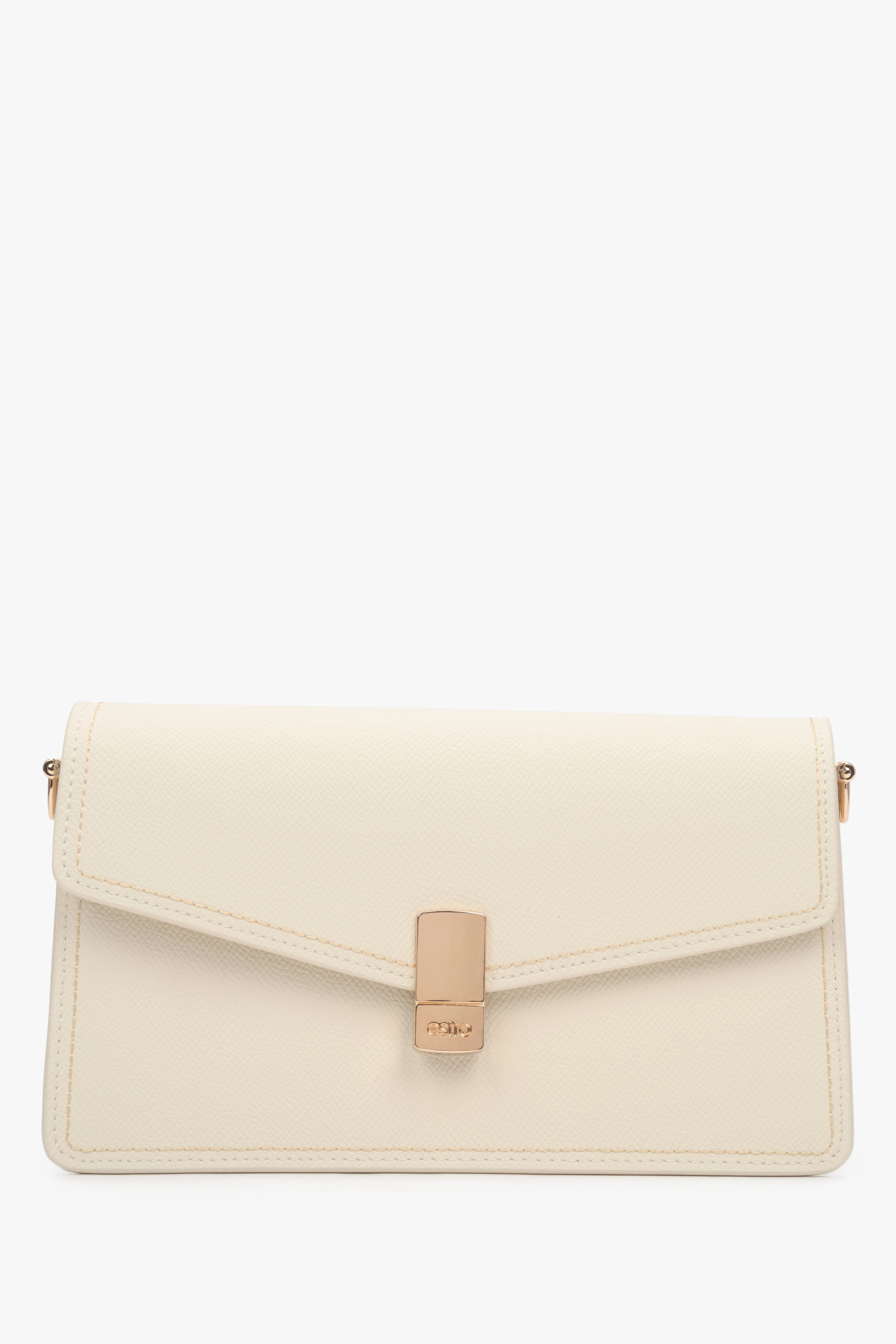 Women’s elegant light beige natural leather shoulder bag with gold details, Estro.