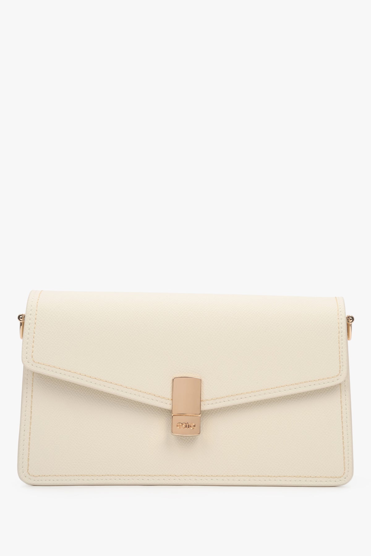 Women’s elegant light beige natural leather shoulder bag with gold details, Estro.