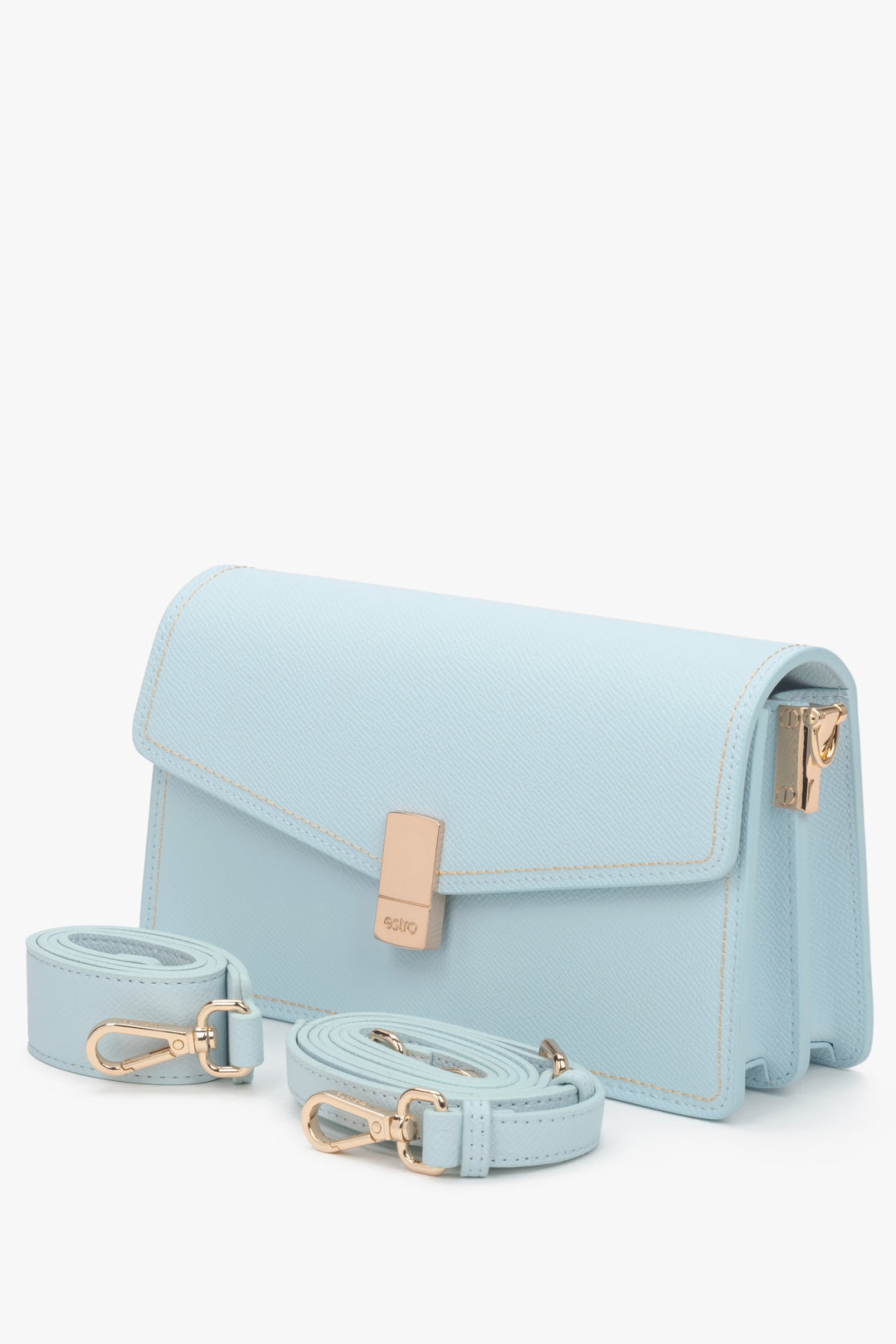 Small light blue leather crossbody bag for women with two adjustable straps.