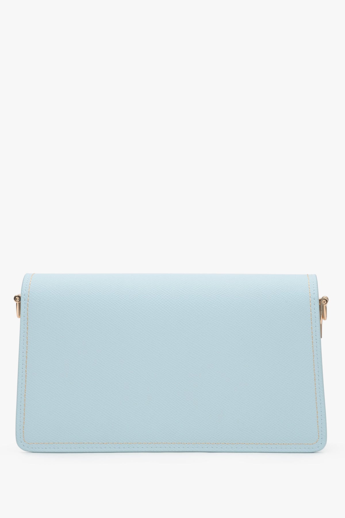 Elegant light blue leather bag featuring two compartments and gold hardware.