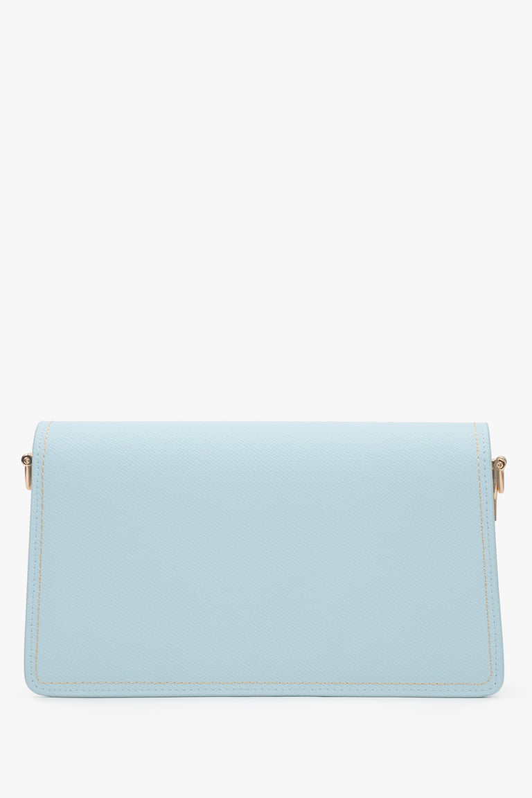 Elegant light blue leather bag featuring two compartments and gold hardware.