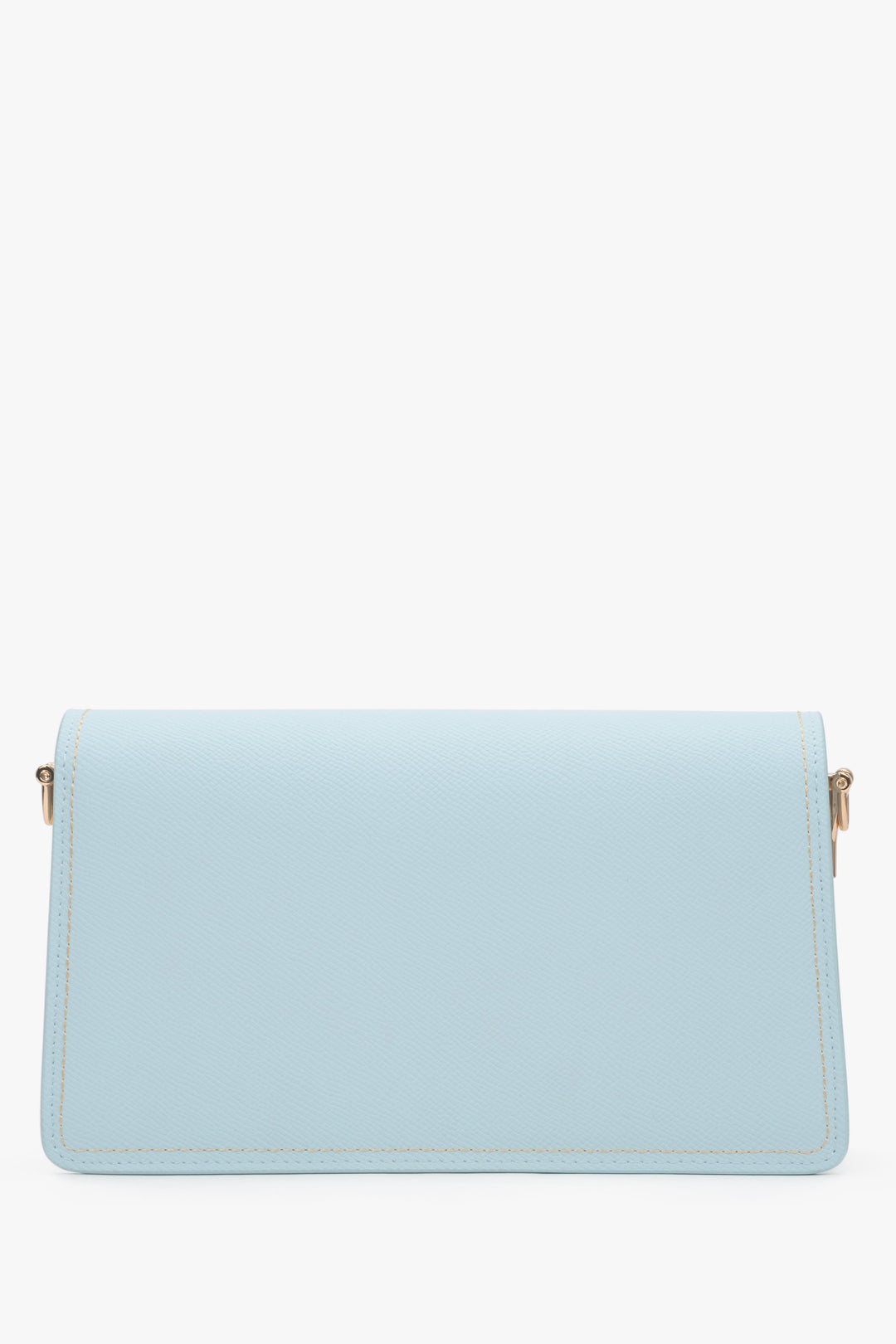 Elegant light blue leather bag featuring two compartments and gold hardware.