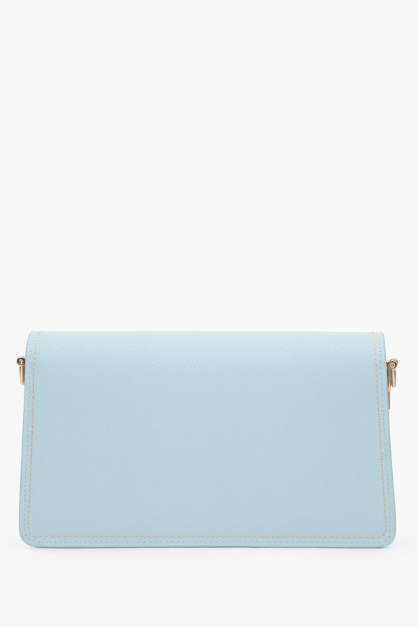Elegant light blue leather bag featuring two compartments and gold hardware.