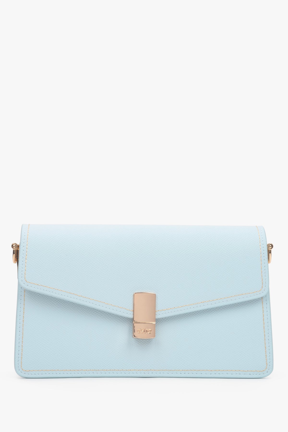 Compact light blue leather handbag for women with a functional zipper closure.
