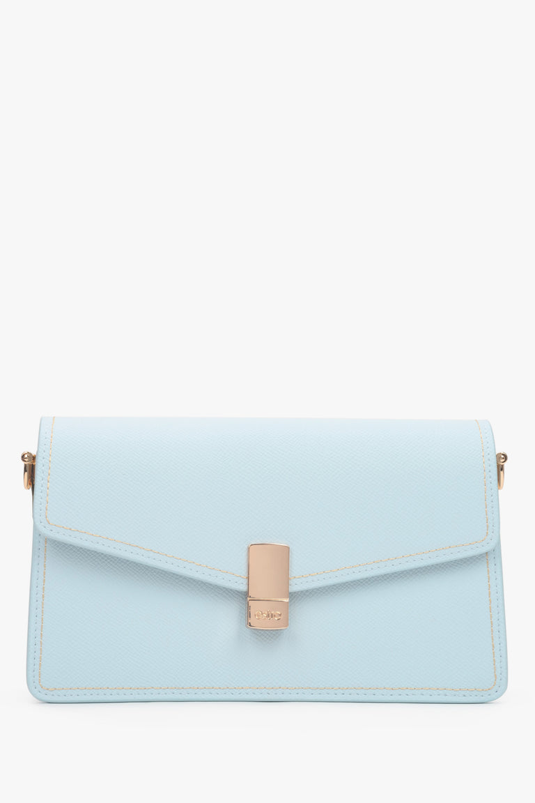 Compact light blue leather handbag for women with a functional zipper closure.