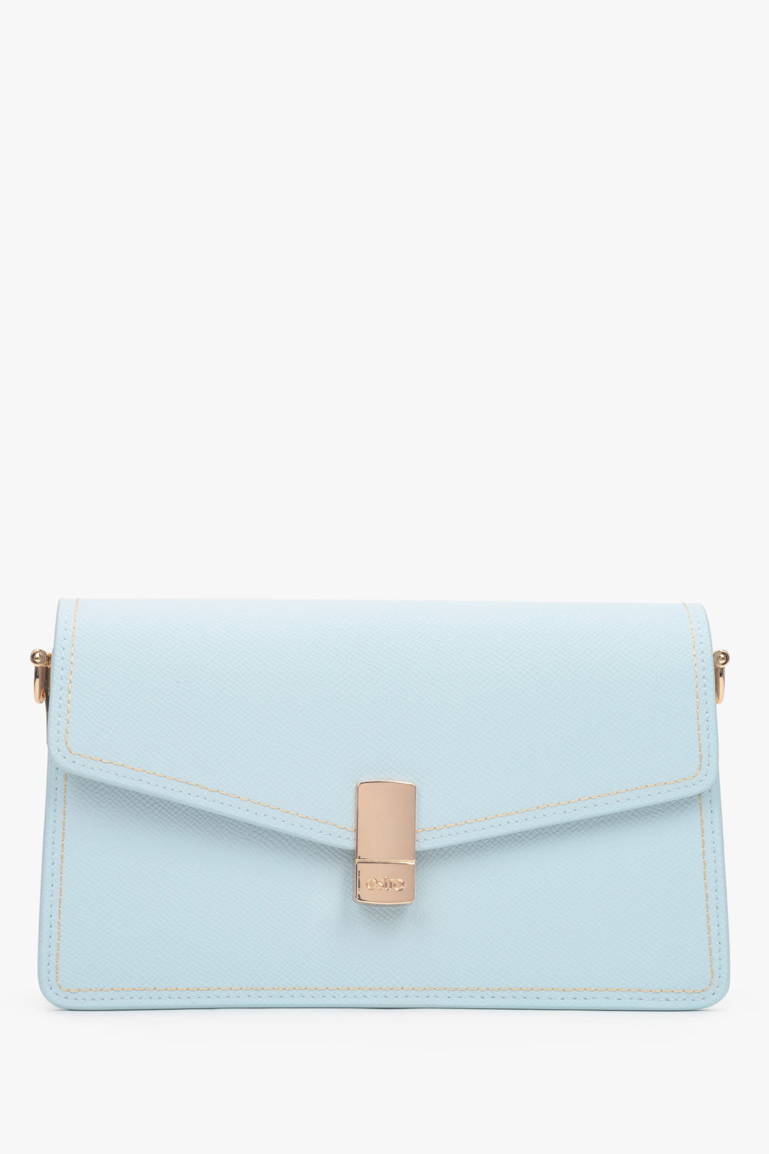 Compact light blue leather handbag for women with a functional zipper closure.
