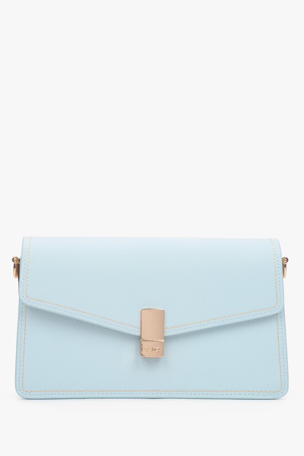 Compact light blue leather handbag for women with a functional zipper closure.