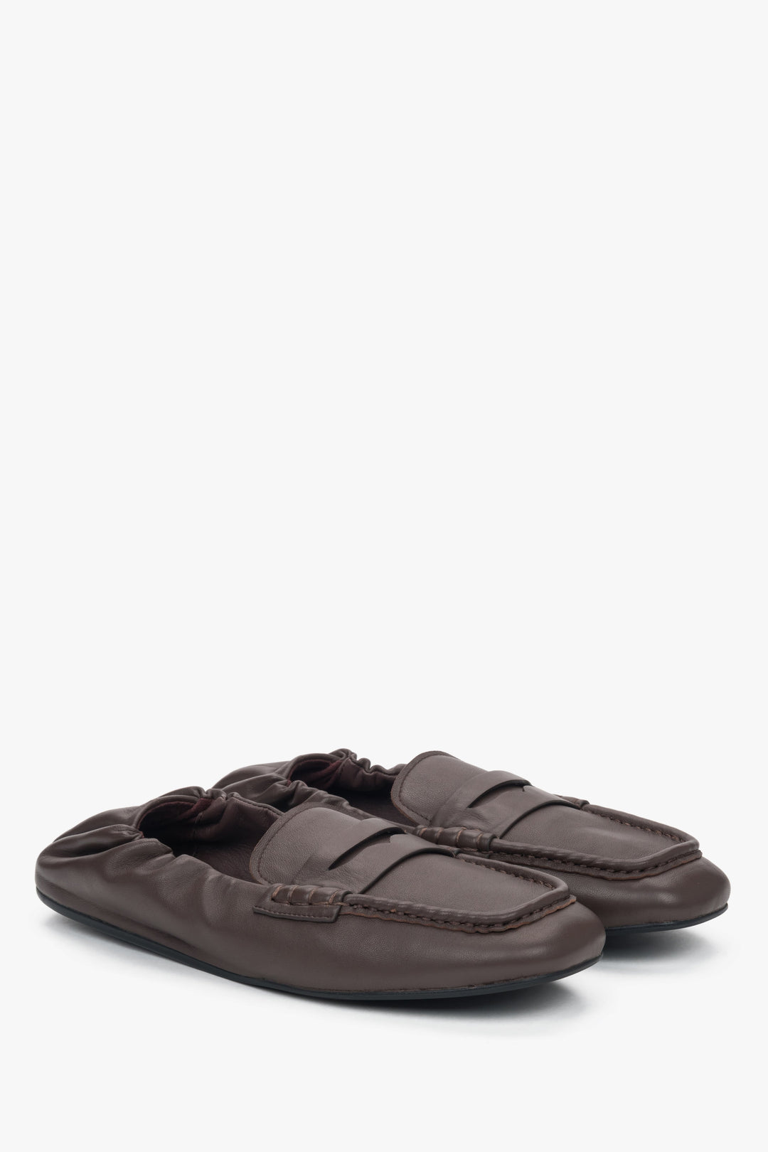 Flexible, dark brown women’s loafers with a soft heel.