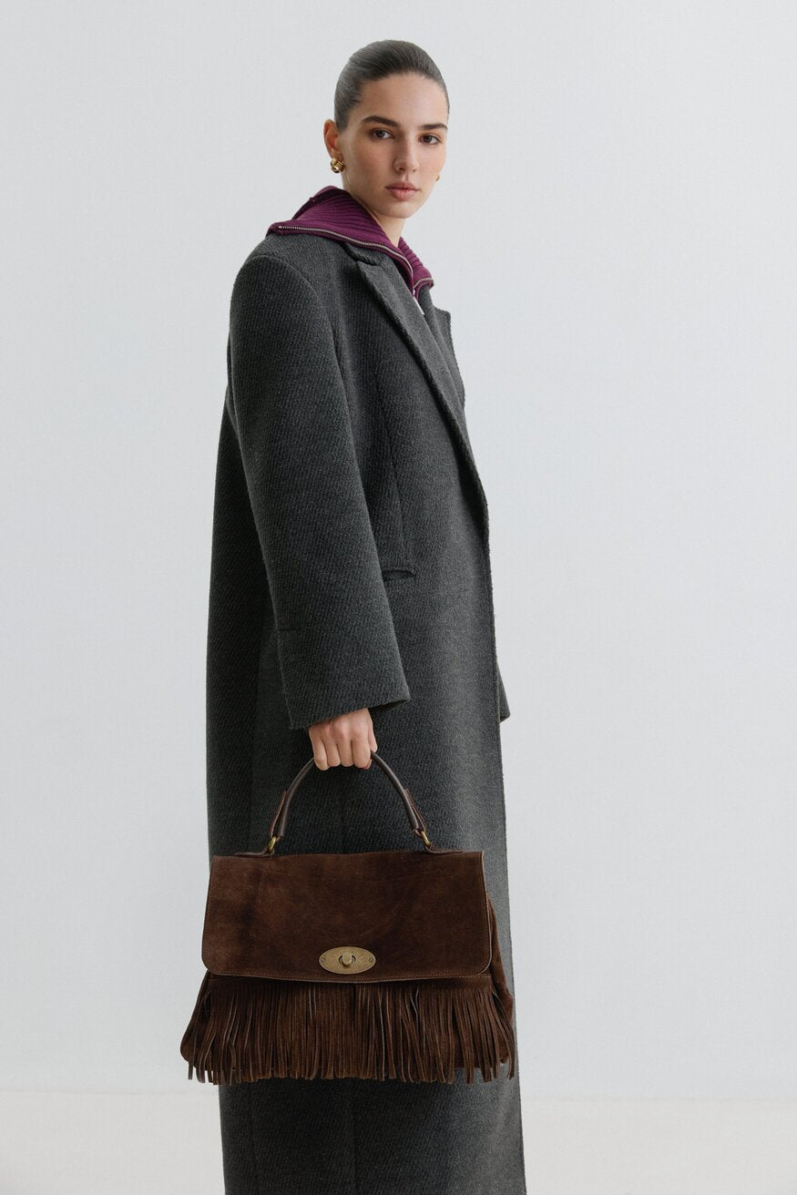Women's Small Dark Brown Handbag made of Italian Genuine Velour with Fringes Estro ER00117426.