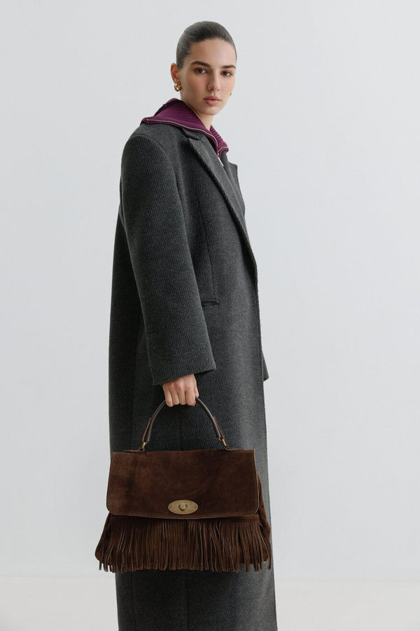 Women's Small Dark Brown Handbag made of Italian Genuine Velour with Fringes Estro ER00117426.